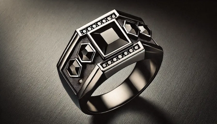 Black diamond men's ring with geometric design