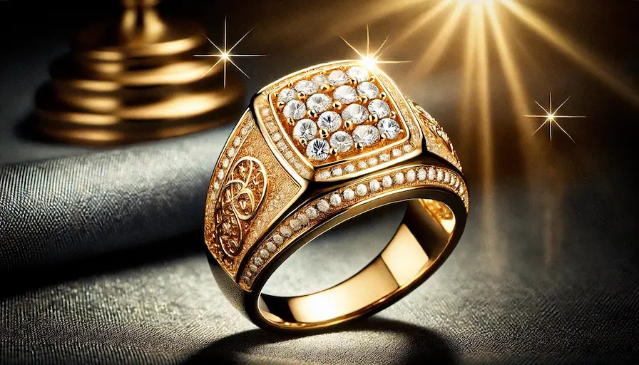 Yellow gold men's diamond ring with pave setting